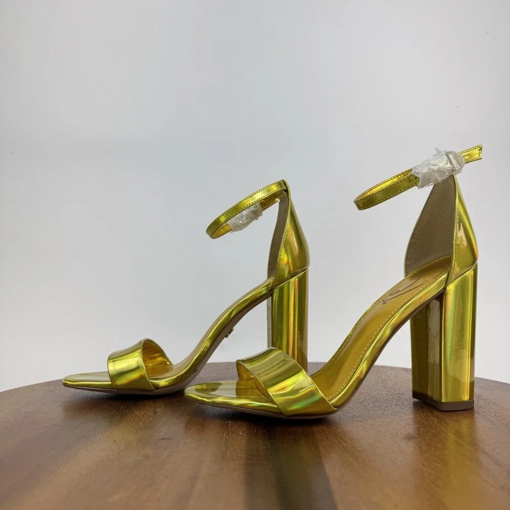 New Womens Sam Edelman Yaro Yellow Iridescent Block Heels Sandals‎ Size 7 M NWOB